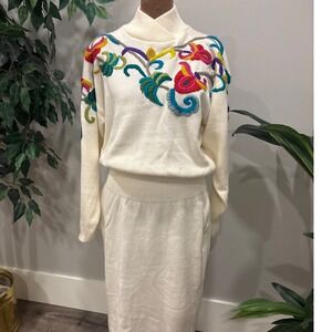Vintage y2k 80's Darian Womens Mock Neck Sweater Dress Floral Embroidery Med